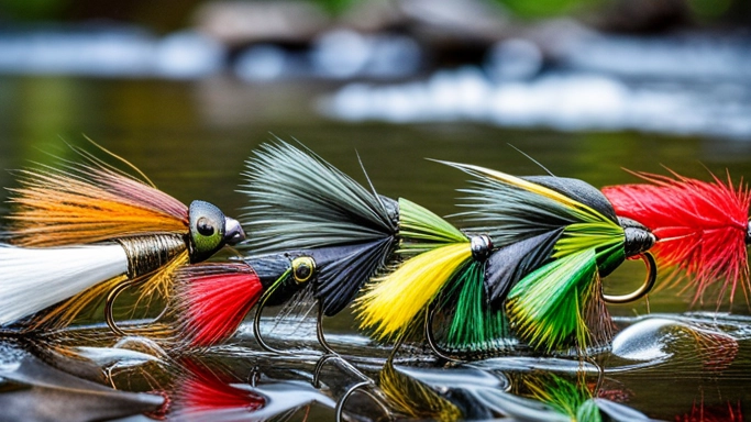 close up image of an assortment of fly fishing flys in a fly case sitting on a rock in a stream