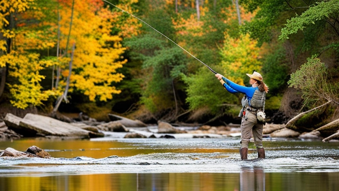 A woman fly fishing in the smoky mountains wearing waders, a hat, a fly fishing vest.  She is fighting a fish and it  the season is fall