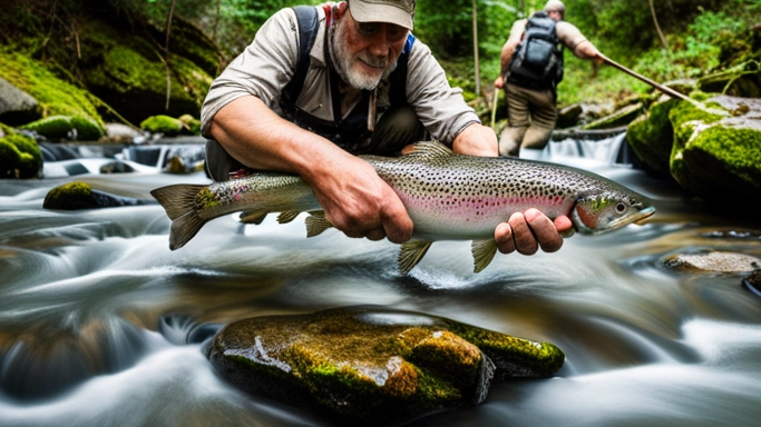 A closeup image of a fisherman releasing a rainbow trout back into a rocky stream in the smoky mountains in the springtime